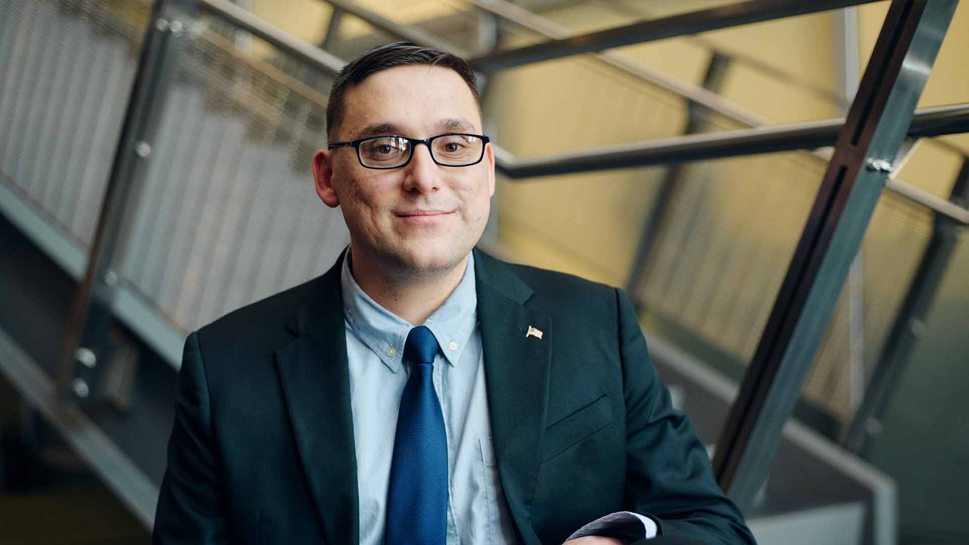 Justin Ciecierski in his office building.