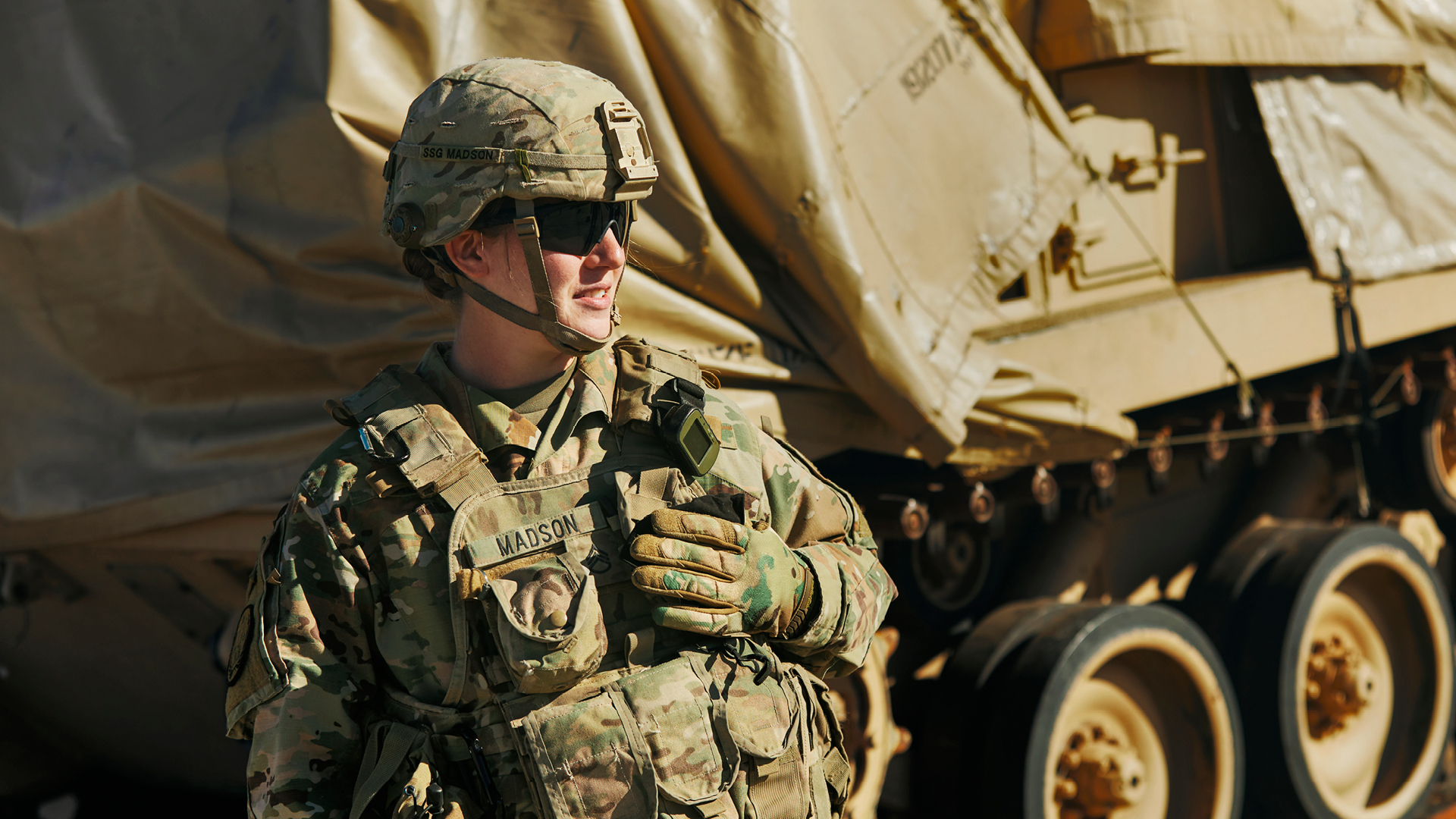 Jada Madson in full gear using her radio